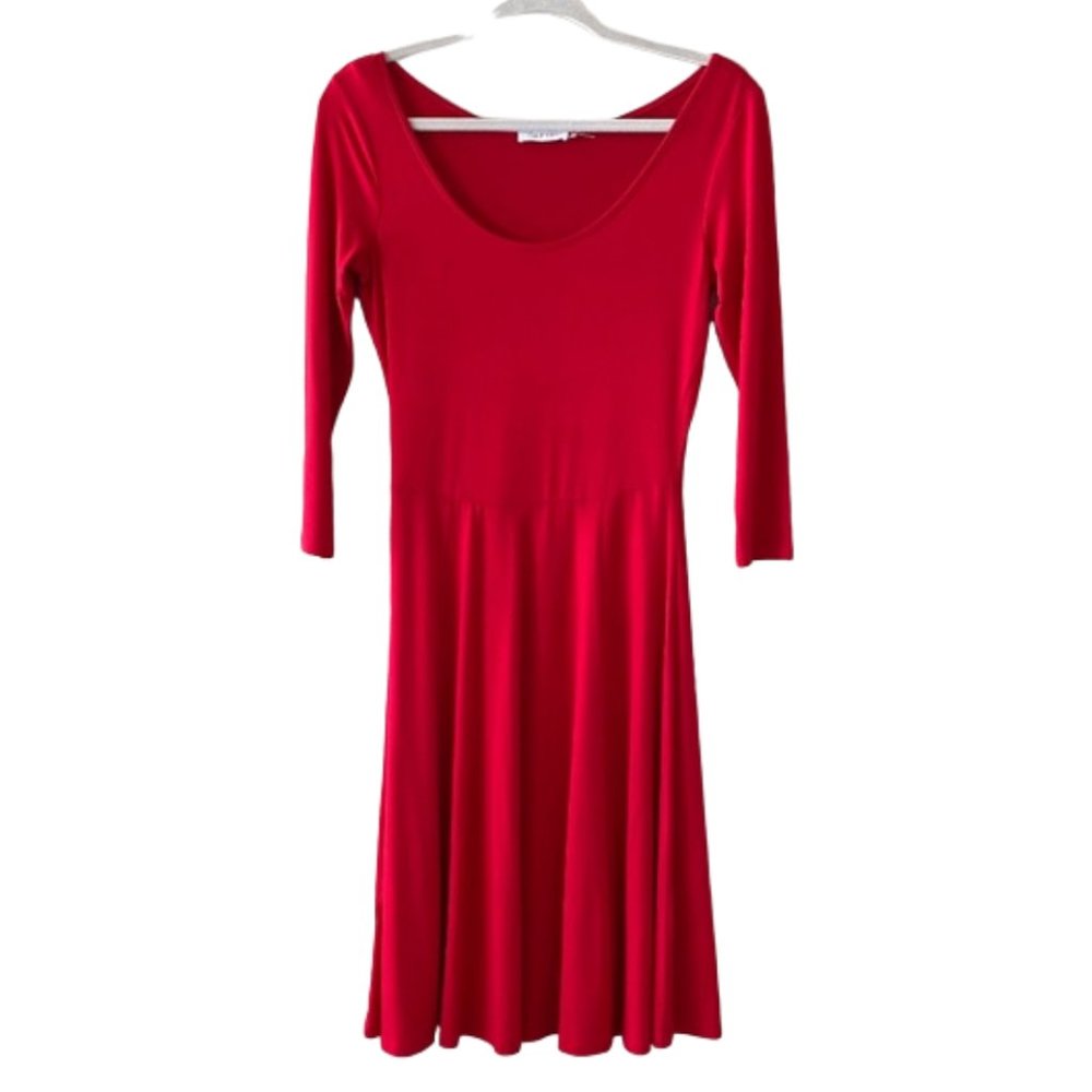 Calvin Klein Red 3/4 Sleeve Scoop Neck Midi Dress